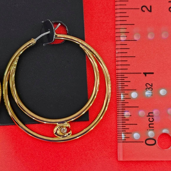 Coach Earrings Gold Tone Double Hoop Earrings C Logo Thread Through Gift - Picture 4 of 4